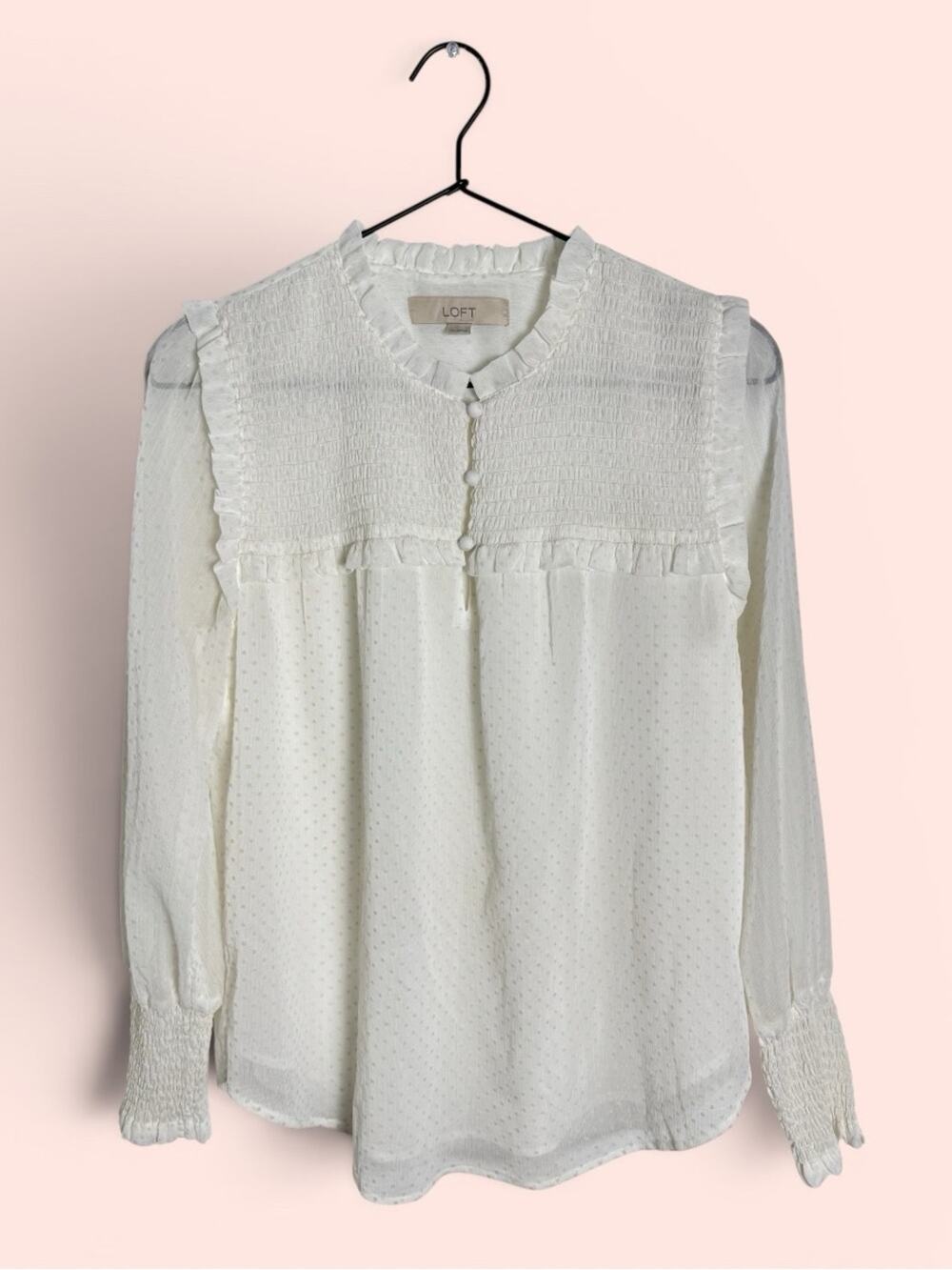 LOFT White Chiffon Swiss Dot Smocked Ruffle Trim Long Sleeve Blouse